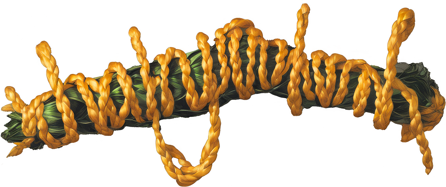 Red hair wraps around something green beneath and appears to spell out xhairymutantx.